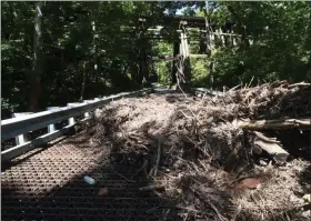  ?? BILL UHRICH — MEDIANEWS GROUP ?? Debris from the flooding of the Ironstone Creek clogs the bridge by the Ironstone Park on Grist Mill Road in Douglass (Berks) Township.