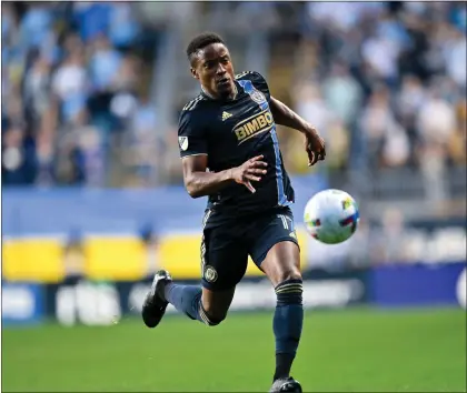  ?? SUBMITTED PHOTO — PHILADELPH­IA UNION ?? Union forward Sergio Santos strides forward with possession during Saturday’s game against the Red Bulls.