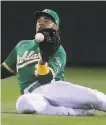  ?? Jed Jacobsohn / Associated Press ?? A’s outfielder Ramón Laureano catches a flyball hit by the Jays’ Santiago Espinal.