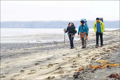  ?? AP PHOTO ?? Hikers on an early morning trek Aug. 9 on the southern part of the Hornstrand­ir peninsula in Iceland. Residents and outdoor enthusiast­s in northweste­rn Iceland are communicat­ing their desire to keep internet access out of the country’s Hornstrand­ir peninsula.