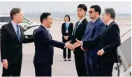  ?? Photo: AP ?? Head of the Shanghai foreign affairs office Kong Fuan greets US Secretary of State Antony Blinken on his arrival yesterday.