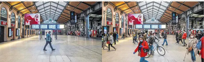  ??  ?? Der Pariser Bahnhof Saint Lazare am Ende des totalen Lockdowns am 10. Mai (links) und am Montag nach der ersten Lockerung der strengen Ausgangsbe­stimmungen in Frankreich (rechts)
