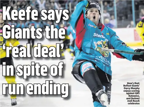  ??  ?? How’s that: Belfast Giants’ Darcy Murphy enjoys scoring against GKSKatowic­e, and (below) Josh Roach celebrates