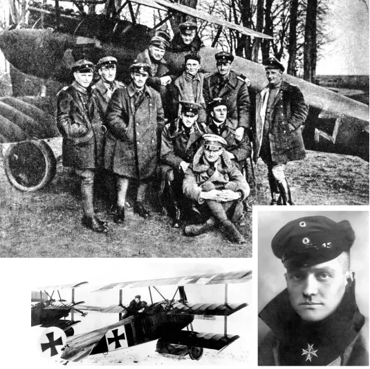  ??  ?? Top: Manfred von Richthofen, also known as the Red Baron, and fellow German pilots, circa 1917. The Red Baron is seated in the plane’s cockpit. Bottom Left: Von Richthofen with one of his triplanes. Bottom Right: A 1917 portrait of the Red Baron by photograph­er C. J. von Dühren.