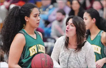  ?? SEAN D. ELLIOT/DAY FILE PHOTO ?? Former New London High School girls’ basketball all-state pick India Pagan, left, with New London coach Holly MIsto during the Whalers’ 2017 Class LL state tournament run, has been selected to the Puerto Rican National Team for this weekend’s Central American and Caribbean Games.