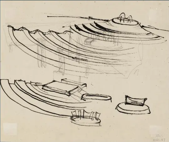  ??  ?? Top, left to right: Mishra Yantra, Jantar Mantar; New Dehli, India, 1949
08446.4 ©The Isamu Noguchi Foundation and Garden Museum, New York / Artist Rights Society [ARS]. Photo by Isamu Noguchi. Jantar Mantar observator­y at Jaipur, Rajasthan, India, 1949-56
04983 ©The Isamu Noguchi Foundation and Garden Museum, New York / Artist Rights Society [ARS]. Photo by Isamu Noguchi. Bottom: Isamu Noguchi, Bollingen Drawing, ink on paper, ca. 1949-1950. Collection of The Noguchi Museum.