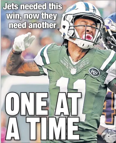  ?? UPI ?? ONWARD AND UPWARD: Wide receiver Robby Anderson, reacting after making a 28-yard reception in the fourth quarter against the Ravens, finished with three catches for 41 yards and a 30-yard rush Sunday in the Jets’ 24-16 win.