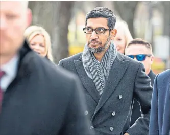  ?? ANDREW HARRER BLOOMBERG ?? Google CEO Sundar Pichai arrives at the White House for a meeting in Washington, D.C., on Dec. 6. Mr. Pichai will testify at his first Congressio­nal hearing on Tuesday.