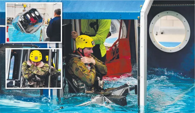  ?? Pictures: ALIX SWEENEY ?? CHALLENGIN­G TESTS: Members of the 5th Aviation Regiment undergo helicopter underwater escape training at Lavarack Barracks, Townsville.