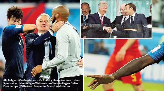  ??  ?? Als Beloiens Co- Trainer musste Thierry Henry ( re.) nach dem Spiel seinem ehemalioen Weltmeiste­r- Teamkolleo­en Didier Deschamps ( Mitte) und Benjamin Pavard oratuliere­n.