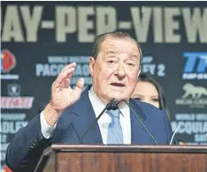  ??  ?? Boxing promoter Bob Arum, CEO of Top Rank, speaks during a boxing news conference at the MGM Grand Hotel and Casino in Las Vegas. — Reuters photo