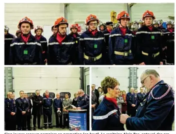  ??  ?? Cinq jeunes sapeurs pompiers en promotion (en haut). Le capitaine Alain Bac, entouré des gradés départemen­taux et des élus, a eu le bonheur de médailler la première femme du centre de Carrouges : l’adjudant Jocelyne Lehec.
