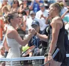  ?? DANIELLE PARHIZKARA­N/USA TODAY SPORTS ?? Halep congratula­tes Kanepi, right, after the Estonian’s 6-5, 6-4 victory.