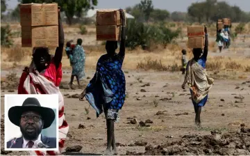  ?? — Reuters photo ?? Women carry boxes of nutritiona­l food delivered by the United Nations World Food Programme (UN WFP), in Rubkuai village, Unity State, South Sudan. (Inset) Salva Kiir.
