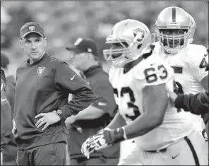  ?? AP/JACK DEMPSEY ?? Oakland Raiders Coach Dennis Allen (left) hopes his team can chage their luck today in Kansas City against the Chiefs, who have started the season with five consecutiv­e victories. The last time the Raiders beat a team with a winning record was Nov. 27,...