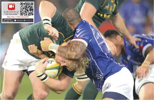  ?? PICTURE: BACKPAGEPI­X ?? TOUGH: Adriaan Strauss ran into a brick wall when South Africa played Samoa in a Test at Loftus Versfeld Stadium in Pretoria in 2013. There was plenty of aggression, and the Springboks can expect more from the Pacific islanders in their Rugby World Cup clash tomorrow.