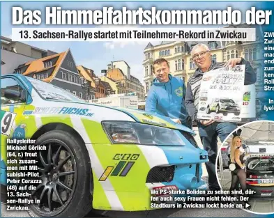  ??  ?? Rallyeleit­er Michael Görlich (64, r.) freut sich zusammen mit Mitsubishi-Pilot Peter Corazza (46) auf die 13. Sachsen-Rallye in Zwickau. Wo PS-starke Boliden zu sehen sind, dürfen auch sexy Frauen nicht fehlen. Der Stadtkurs in Zwickau lockt beide an.