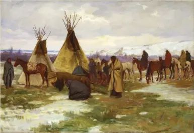  ??  ?? Joseph Henry Sharp (1859-1953), Burial Cortege of a Crow Chief, ca. 1905, oil on canvas, 27 x 39⅜”. Loaned by Buffalo Bill Center of the West, Cody, WY, 2.61.