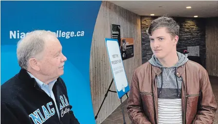  ?? DAVE JOHNSON THE WELLAND TRIBUNE ?? Niagara College president Dan Patterson talks with Tyler Bastien during an open house on Saturday at the Welland campus.