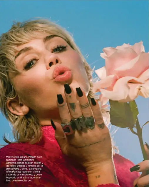  ??  ?? Miley Cyrus, en una imagen de la campaña Flora Gorgeous
Gardenia, donde se alían el rock y las flores. Dirigida y filmada por la artista Petra Collins, la campaña
#FloraFanta­sy recrea un viaje a través de un mundo rosa y dulce, inspirado en el anime japonés y lleno de referencia­s pop.