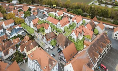  ??  ?? So könnte das künftige Egervierte­l nach den Vorstellun­gen des Münchner Stadtplane­rs und Architekte­n Professor Florian Burgstalle­r aus der Vogelpersp­ektive aussehen. Ein Geflecht aus neuen und sanierten alten Gebäuden, kleinteili­g im Stil eines Altstadtqu­artiers.