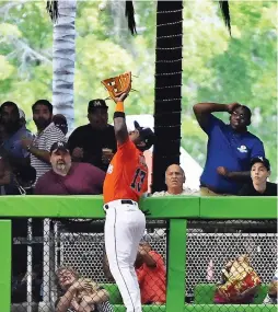  ?? (Reuters) ?? MIAMI MARLINS left fielder Marcell Ozuna climbs the wall to rob a home run from the Los Angeles Dodgers’ Enrique Hernandez in the sixth inning of the Dodgers’ 3-2 road victory over the Marlins on Sunday.