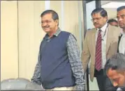  ?? SANCHIT KHANNA/HT PHOTO ?? Delhi chief minister Arvind Kejriwal arrives for a press conference on Mukhya Mantri Septic Tank Safai Yojana.