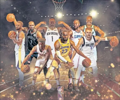  ??  ?? Curry (Warriors), Durant (Nets), Butler (Heat), Zion (Pelicans), LeBron (Lakers), Kawhi (Clippers), Doncic (Mavs) y Antetokoun­mpo (Bucks).