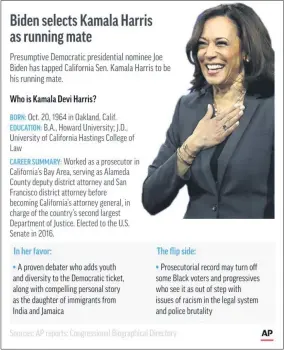  ?? K.VINEYS ?? Graphic profiles Sen. Kamala Harris, Democratic candidate Joe Biden’s running mate.