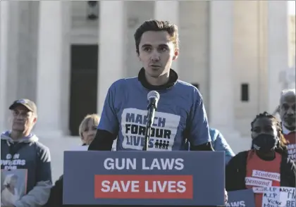  ?? AP PHOTO/JOSE LUIS MAGANA ?? Parkland survivor and activist David Hogg speaks during a rally outside of the U.S. Supreme Court in Washington, on Wednesday.