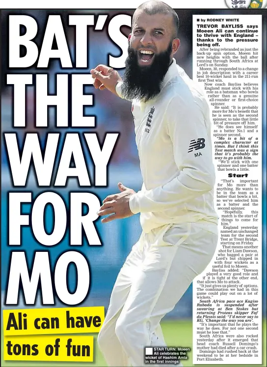  ??  ?? STAR TURN: Moeen Ali celebrates the wicket of Hashim Amla in the first innings