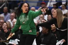  ?? JESSICA HILL — THE ASSOCIATED PRESS ?? South Carolina head coach Dawn Staley reacts in the second half of an NCAA college basketball game against Uconn, Sunday, Feb. 5, 2023, in Hartford, Conn.