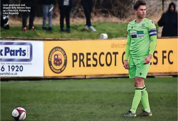  ?? ?? Leek goalscorer and skipper Billy Reeves lines up a free-kick. Picture by Luke Reynolds