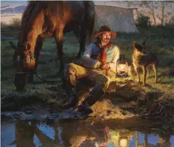  ??  ?? Morgan Weistling, Silence Broken at Coyote Creek, 1879, oil, 34 x 40”