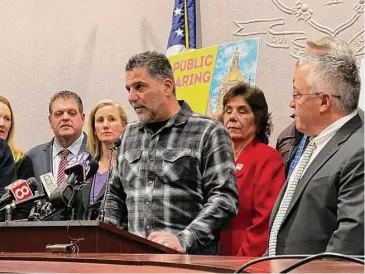  ?? Photo by Ken Dixon/ ?? David Palumbo, a North Branford trucking executive, participat­ed in a Wednesday news conference in Hartford with other truckers and Republican­s opposed to the highway use tax, which took effect in January.