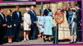  ??  ?? Below: Greeting the Queen (from left): Peter Phillips, Autumn, Harry, Zara, Mike, Kate, Wills, Andrew, Beatrice, Sir Tim Laurence and Princess Anne.