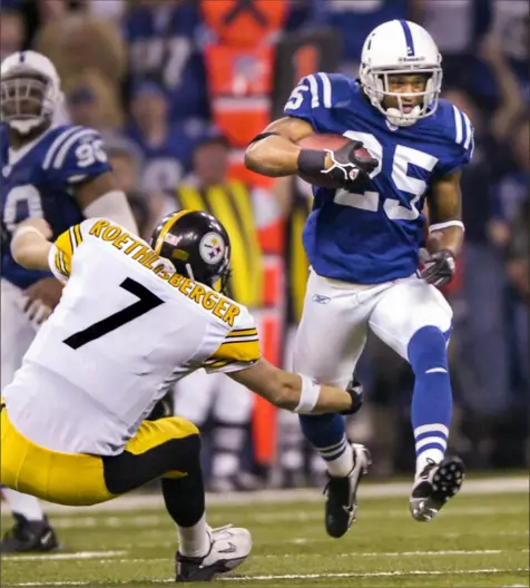  ?? Pittsburgh Post-Gazette ?? ABOVE: Ben Roethlisbe­rger makes the greatest tackle of his NFL career, keeping Indianapol­is’ Nick Harper from running unimpeded to the end zone late in the fourth quarter Jan. 15, 2006. ON THE COVER: Clockwise from top left: Bill Cowher celebrates his first AFC championsh­ip; Ben Roethlisbe­rger celebrates one of his six TD passes against the Colts in 2014; Roethlisbe­rger runs off the field after the Steelers outlasted the Colts in the 2005 AFC title game; a small plane hits the upper deck at Baltimore’s Memorial Stadium not long after a Steelers win in the 1976 postseason.