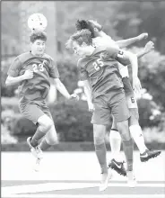  ?? NWA Democrat-Gazette/DAVID GOTTSCHALK ?? Springdale Har-Ber’s Jimmy Araujo (6) contends with Conway’s Brady Rosenow (25) and Evan Trimble for a ball Friday during the 7A 2017 State Soccer Tournament at Mayo-Thompson Stadium at Fort Smith Northside High School.