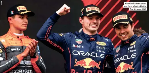  ?? ?? All smiles for Verstappen and Perez after Red Bull’s first 1-2 since 2016