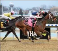  ?? PHOTO SUSIE RAISHER/NYRA ?? My Boy Tate heading to the wire Feb. 1 with Dylan Davis aboard at Aqueduct Racetrack in the Hollie Hughes.