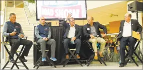  ?? Matthew Brown / Hearst Connecticu­t Media ?? From left, UConn head football coach Randy Edsall, UConn men’s basketball coach Dan Hurley, , UConn women’s basketball coach Geno Auriemma and UConn men's baseball coach Jim Penders are introduced by Bob Joyce.