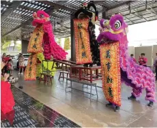  ?? ?? The SMAA’s ‘lions’ performing at a residence in Sibu during the CNY celebratio­n.