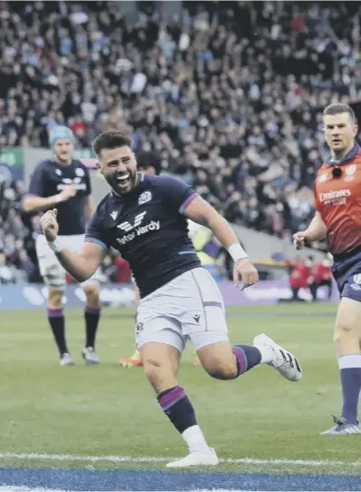  ?? ?? Stuart Hogg runs in for Scotland’s second try against Japan at BT Murrayfiel­d, making the captain his country’s all-time leading try scorer, as Gregor Townsend’s side clinched their third win of the Autumn Nations Series