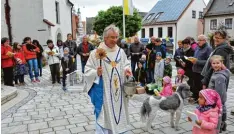  ?? Foto: Karl Aumiller ?? Auf dem Kirchplatz der Stadtpfarr­kirche in Gundelfing­en fand die Tiersegnun­g mit Stadtpfarr­rer Johannes Schaufler statt.