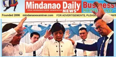  ??  ?? Senator and vice presidenti­al candidate Ferdinand Marcos Jr is being prayed over by Minister Wilde James Almeda during the 41st Church Anniversar­y celebratio­n of the influentia­l Jesus Miracle Crusade Internatio­nal Ministry.