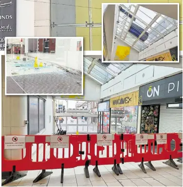  ?? ?? Temporary fencing has been put up by the Tufton Street entrance to the centre; inset, debris outside ManCave and On Pizza