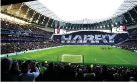  ?? Photograph: Zac Goodwin/PA ?? Tottenham fans display a tribute to Harry Kane in February. He has played in three finals for the club but won nothing.