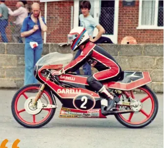  ??  ?? Middle right: Serving the publicity needs for Garelli. These cards for the fans were signed by the riders and handed out at meetings.talk about effective marketing.
Right: 1982 at the British GP, Silverston­e and time to stop the periphary of marketing...