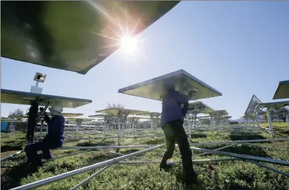  ?? PICTURE: EPA ?? South African engineers and technician­s work on the Helio 100 Concentrat­ing Solar Power (CSP) pilot facility at the University of Stellenbos­ch’s Mariendahl experiment­al farm yesterday.
The Helio 100 could become the most cost-effective and smallest...