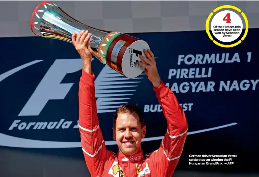  ?? AFP ?? German driver Sebastian Vettel celebrates on winning the F1 Hungarian Grand Prix. —